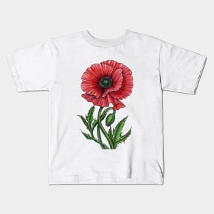 Red poppy, watercolor and ink Kids T-Shirt